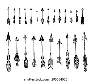 Set of hand drawn, vector arrows. Ethnic Indian arrow, doodles. Black, white. Vector