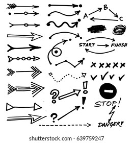 Set of hand drawn vector arrows and infographic elements, diagrams; stop and danger signs, doodles, scribbles; yes and no marks. Unique paintbrush vector business elements Artistic pointing arrows set