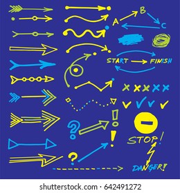 Set of hand drawn vector arrows and infographic elements, diagrams; stop and danger signs, doodles, scribbles; yes and no marks. Unique paintbrush vector business elements Artistic pointing arrows set