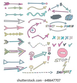 Set of hand drawn vector arrows and infographic elements, diagrams; stop and danger signs, doodles, scribbles; yes and no marks. Unique paintbrush vector business elements Artistic pointing arrows set