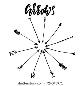 Set of hand drawn vector arrows. Unique painted boho style elements. Dry brush vector illustration.