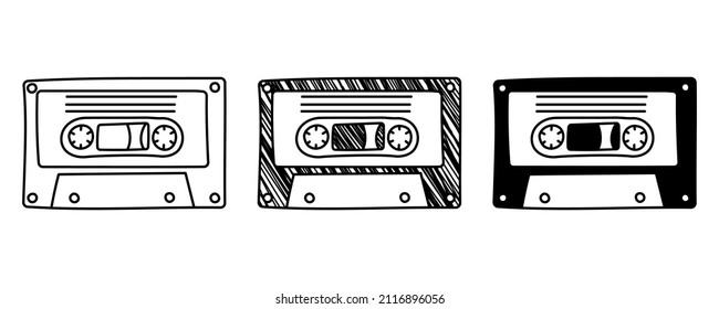 Serie de cintas de audio de vector dibujadas a mano en estilo de caricatura de doodle