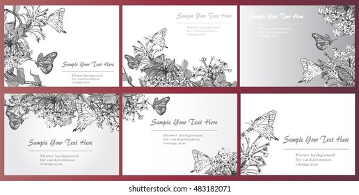 Set hand drawn vector background rangoon creeper and butterflies for text.