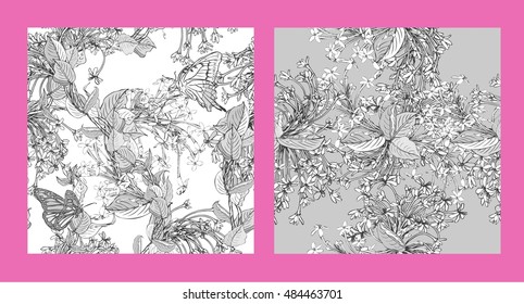Set hand drawn vector background seamless rangoon creeper and butterflies for text.
