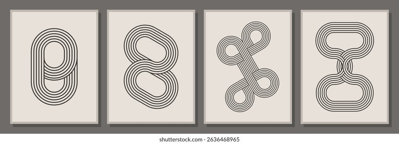 Set of hand drawn vector Bauhaus Backgrounds. Organic minimalist concentric circles, lines and curves backdrop ideas for wall paintings, Screensaver, banner, flyer, brochure, template, home decor.