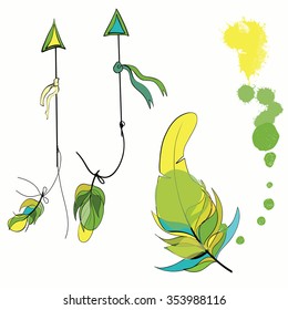 Set of hand drawn vector bird feathers and arrows. Parrot feathers. Isolated on white background. Arrows of Native Americans Indians. Paint splash splatter 