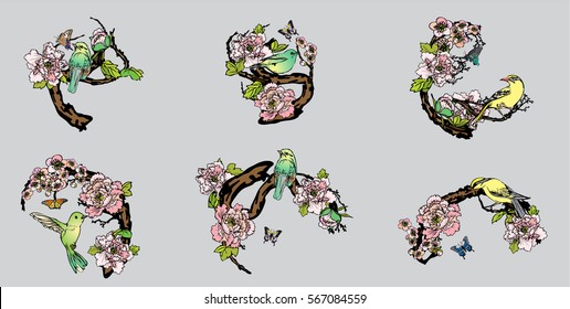 Set hand drawn vector set birds and butterflies background peonies flower, cherry blossoms,greeting card garden, invitation card for wedding, decorative background and text, vector illustration EPS10.