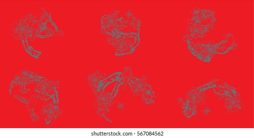 Set hand drawn vector set birds and butterflies background peonies flower, cherry blossoms,greeting card garden, invitation card for wedding, decorative background and text, vector illustration EPS10.