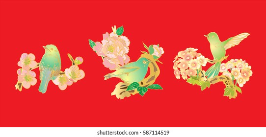 Set hand drawn vector set birds and butterflies background peonies flower, cherry blossoms.