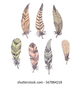Set of hand drawn vector black and white feather. Wings in Boho and rustik style. Illustration isolated on white background. Bird fly design for invitation, wedding card.