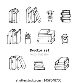 Set of hand drawn Vector books, Notebooks, Notepads and Diaries. Stack of books. Office stuff, student desk. Doodle stationery. Sketch illustration. Cartoon Design elemements for infographic. School