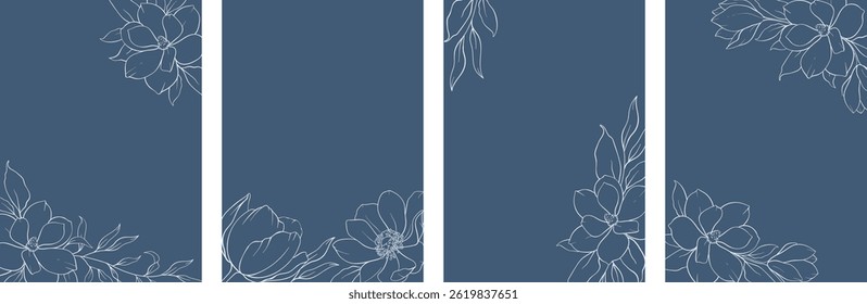 Conjunto de moldura botânica vetorial desenhada à mão, flores tropicais, borda floral, flores silvestres, ramos de eucalipto. Ornamento de vetor de elemento de silhueta botânica. Cartão natural no estilo de linha mínimo