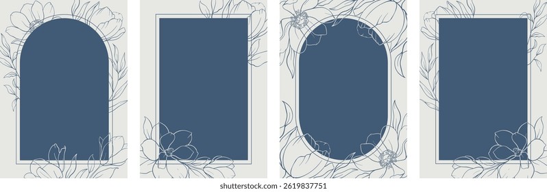 Conjunto de moldura botânica vetorial desenhada à mão, flores tropicais, borda floral, flores silvestres, coroa de eucalipto, ramos. Ornamento de vetor de elemento de silhueta botânica. Cartão natural no estilo de linha mínimo