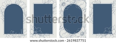 Set of hand drawn vector botanical frame, tropical flowers, floral border, wildflower, eucalyptus wreath, branches. Ornament of botanical silhouette element vector. Nature card in minimal line style