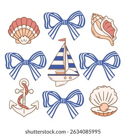 Set of hand drawn vector bows seashells and sailboat for clipart sticker or nursery design.