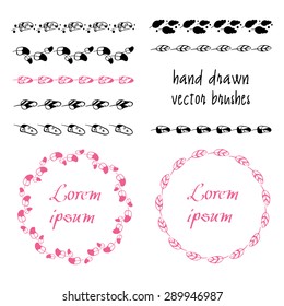Set of hand drawn vector brushes. Ink pattern brushes. Feathers. Floral wreath.