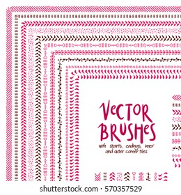 Set of hand drawn vector brushes. All brushes are included in eps file and have starts, endings, inner and outer corners. Perfect for frames.
