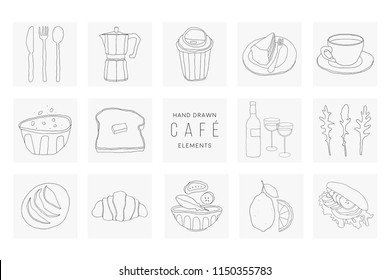 Set of hand drawn vector cafe elements. Contour food and drink illustrations