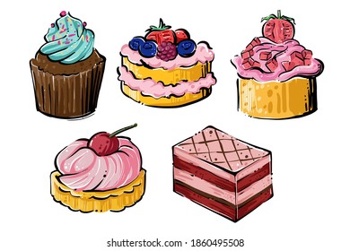 Set of hand drawn vector cakes, color