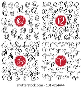 Set of Hand drawn vector calligraphy letter Q, R, S, T. Script font. Isolated letters written with ink. Handwritten brush style. Hand lettering for logos packaging design poster