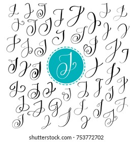 Set of Hand drawn vector calligraphy letter J. Script font. Isolated letters written with ink. Handwritten brush style. Hand lettering for logos packaging design poster. 