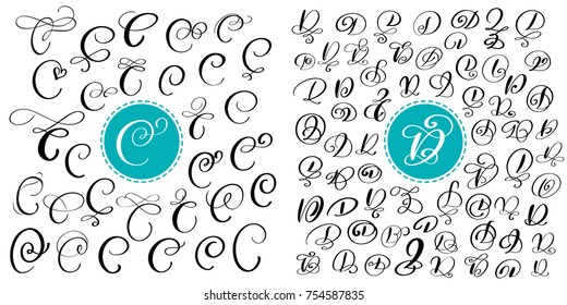 Set of Hand drawn vector calligraphy letters C and D. Script font. Isolated letters written with ink. Handwritten brush style. Hand lettering for logos packaging design poster