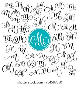 Set of Hand drawn vector calligraphy letter M. Script font. Isolated letters written with ink. Handwritten brush style. Hand lettering for logos packaging design poster