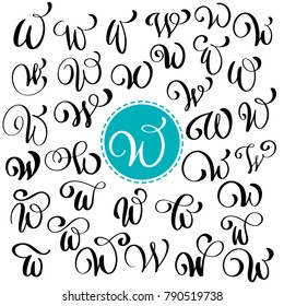 Set of Hand drawn vector calligraphy letter W. Script font. Isolated letters written with ink. Handwritten brush style. Hand lettering for logos packaging design poster