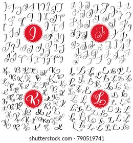 Set of Hand drawn vector calligraphy letter I, J, K, L. Script font. Isolated letters written with ink. Handwritten brush style. Hand lettering for logos packaging design poster