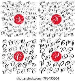 Set of Hand drawn vector calligraphy letter M, N, O ,P. Script font. Isolated letters written with ink. Handwritten brush style. Hand lettering for logos packaging design poster