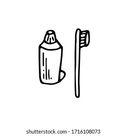 Conjunto de ilustraciones de camping vector dibujadas a mano. Pasta dental y cepillo. Adecuado para postales, fondos, volantes, decoraciones, banners, iconos. Se puede utilizar como muestra para el diseñador. Eps 8.