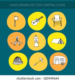 Set of hand drawn vector camping icons  