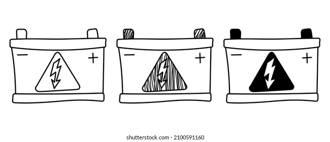 Set of hand drawn vector car battery in doodle cartoon style. National Science Day