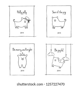 Set of hand drawn vector cards with pigs. New Year symbol 2019.