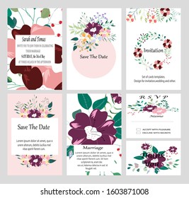 Set of hand drawn vector cards with flowers,leaves. Botanic  Design for banner, wedding, poster, invitation, cover, placard, brochure, header.