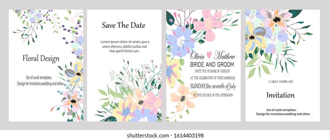 Set of hand drawn vector cards with flowers,leaves. Botanic  Design for banner, wedding, poster, invitation, cover, placard, brochure, header.