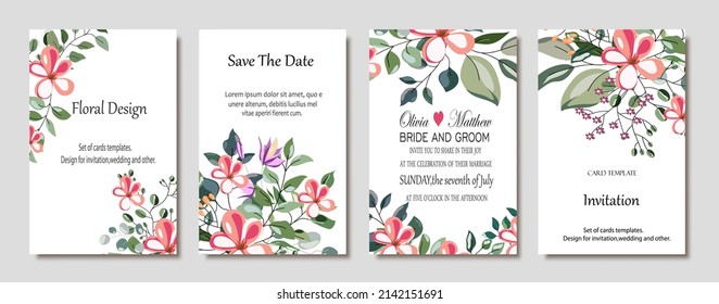 Set of hand drawn vector cards with flowers,leaves. Botanic  Design for banner, wedding, poster, invitation, cover, placard, brochure, header.