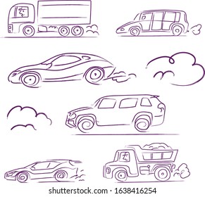 set of hand drawn vector cars go fast on the road