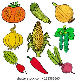 Set of hand drawn, vector, cartoon illustration of vegetables