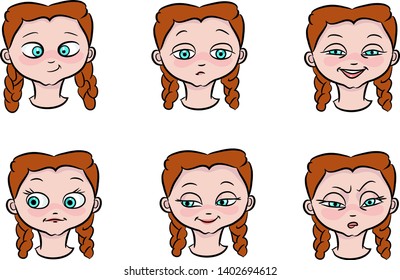  Set of hand drawn vector cartoon emotion young girl illustration.