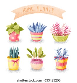 Set of Hand drawn vector cartoon illustration with plants in pots and ribbon. Can be used for greeting card, print, postcard. Isolated on the white background.