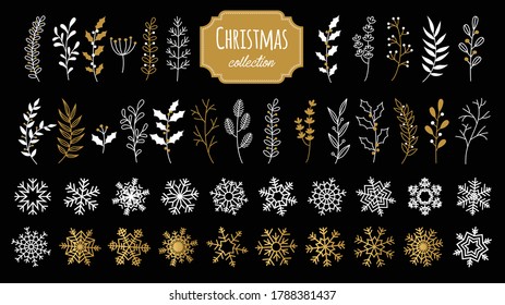 Set hand drawn vector christmas floral and snow elements. Branches, plants botanical and snowflakes collection. Element white and gold isolated on black background.