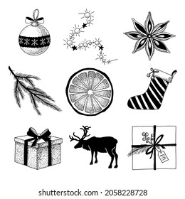 Set of hand drawn Vector Christmas doodle Sketches. Illustration of gifts, ball, garland, star anise, tree branch, orange slice and sock. Black and white color