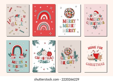 Set of hand drawn vector Christmas and winter holidays posters and cards, banners. Christmas greeting card,invitation template, banner design in modern retro vintage groovy 60s 70s style.