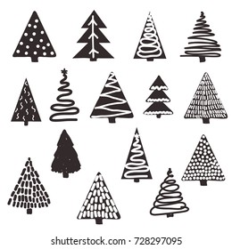 Set of hand drawn vector christmas trees 