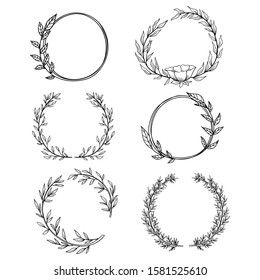 set of hand drawn vector circular decorative elements for decoration. Floral frame. Floral border