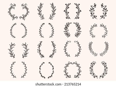 The set of hand drawn vector circular decorative elements for your design. Leaves, swirls, floral elements. 