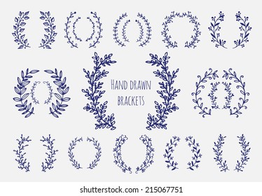 The set of hand drawn vector circular decorative elements for your design. Leaves, swirls, floral elements. 