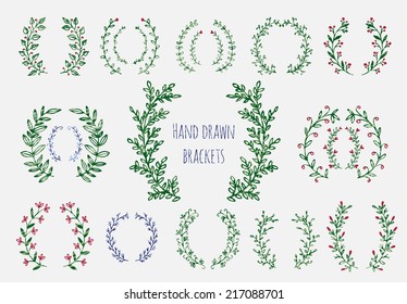 The set of hand drawn vector circular decorative elements for your design. Leaves, swirls, floral elements. 