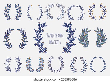 The set of hand drawn vector circular decorative elements for your design. Leaves, swirls, floral elements. 